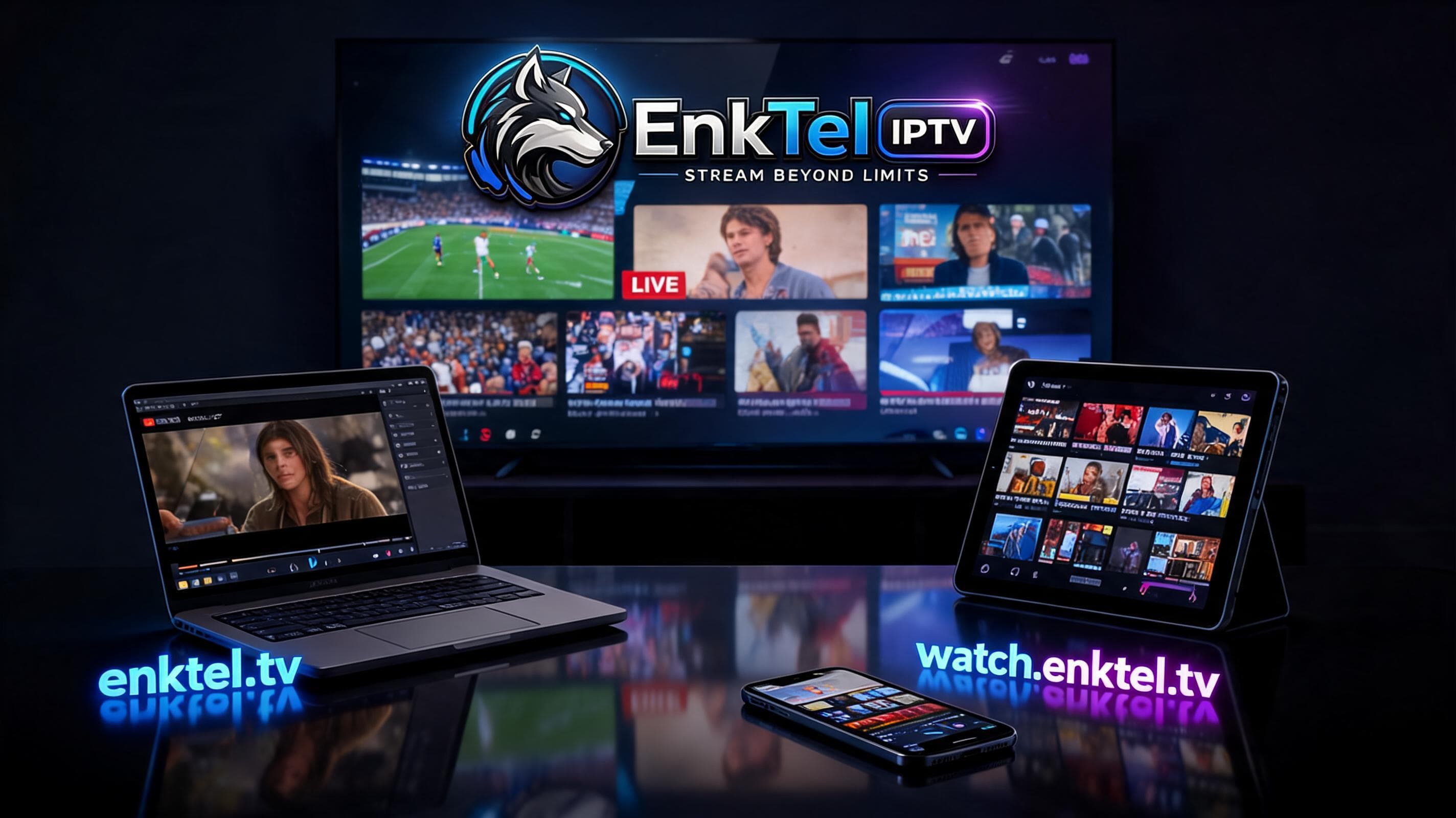 EnkTel IPTV on a Smart TV via enktel.tv, alongside the watch.enktel.tv web player running on a laptop, tablet, and phone